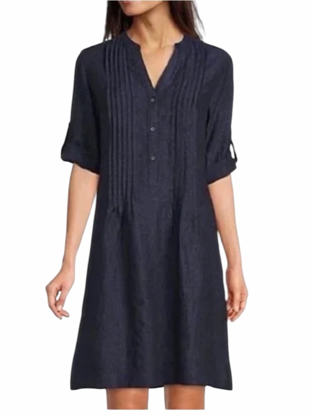 J.McLaughlin Riviera 3/4 Roll-Tab Sleeve Pleated Linen Dress in Navy Blue Size M